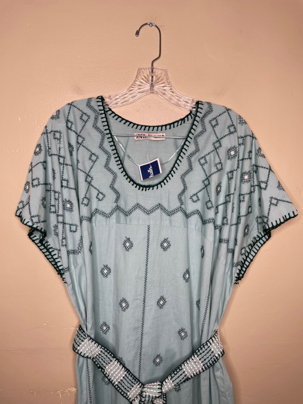 ZARA Blue Green Bloggers Fav Embroidered Linen Caftan Tunic Belted Dress NWT Lg - Picture 4 of 16